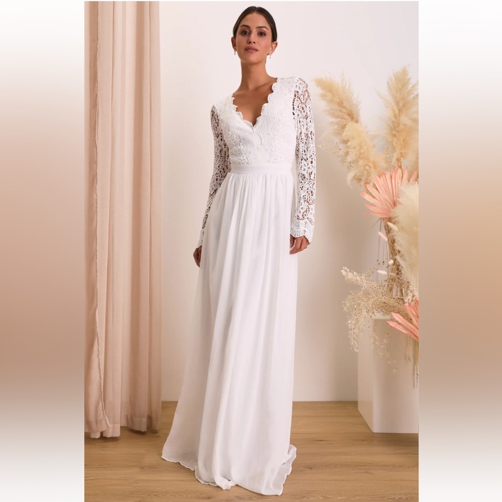 Lulu’s “Awaken My Love” White Long Sleeve Lace Maxi Dress Style #24226